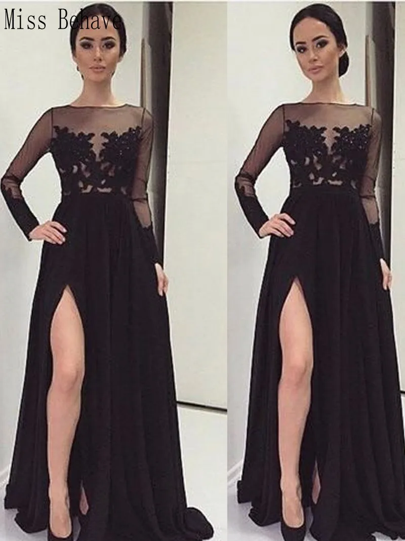 

DD JYOY Black Evening Dress Long Sleeve Sexy Illusion Lace Body Chiffon Evening Gowns Party with Train Front Split