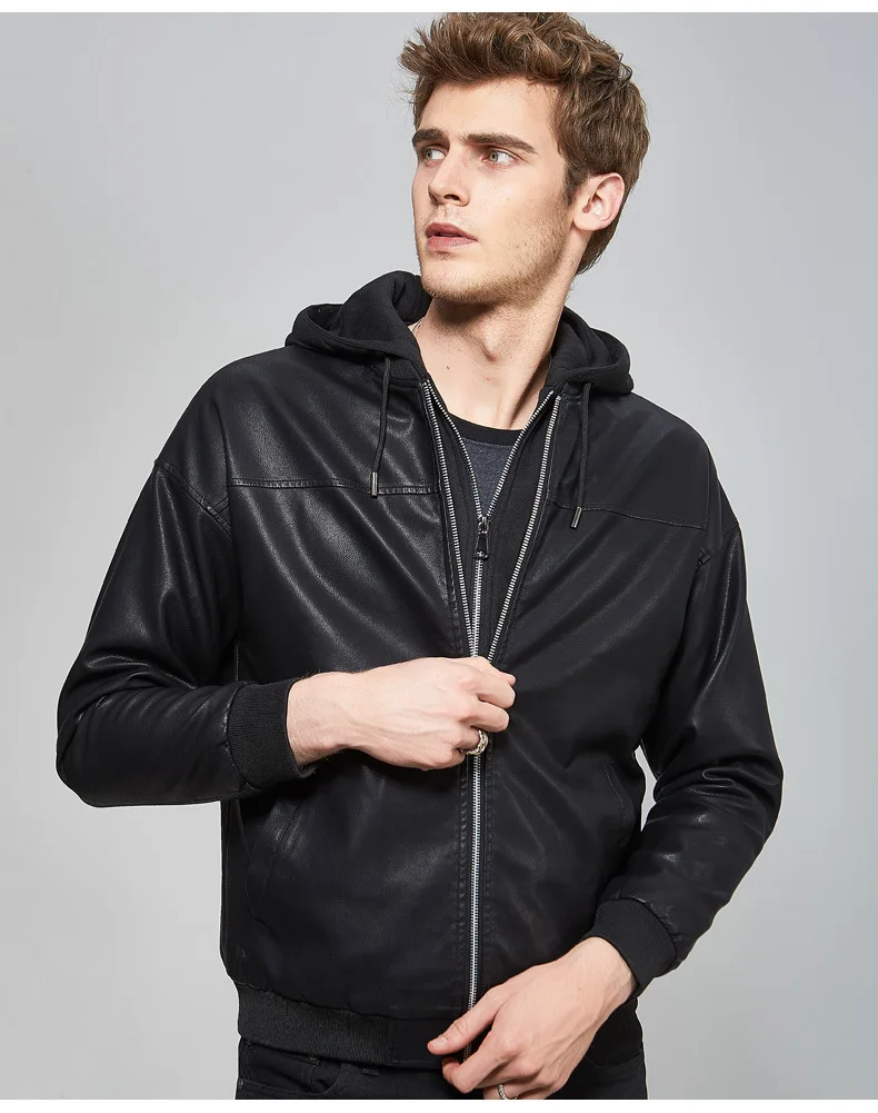 Leather Jacket MEN'S Leather Coat Europe And America Fashion Slim Fit Men's Locomotive Hooded Leather Coat Washing Leather Jacke