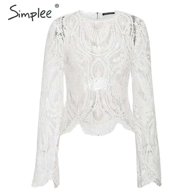  Simplee Sexy hollow out lace embroidery women blouse shirt Elegant flare sleeve female party shirt 