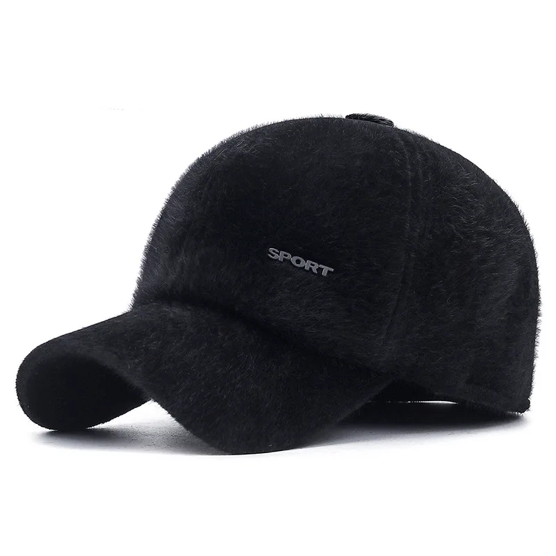 Зимняя кепка с имитацией норки, бейсбольная кепка для мужчин, кепка для защиты ушей Gorras Para Hombre, Мужская бейсболка - Цвет: Black