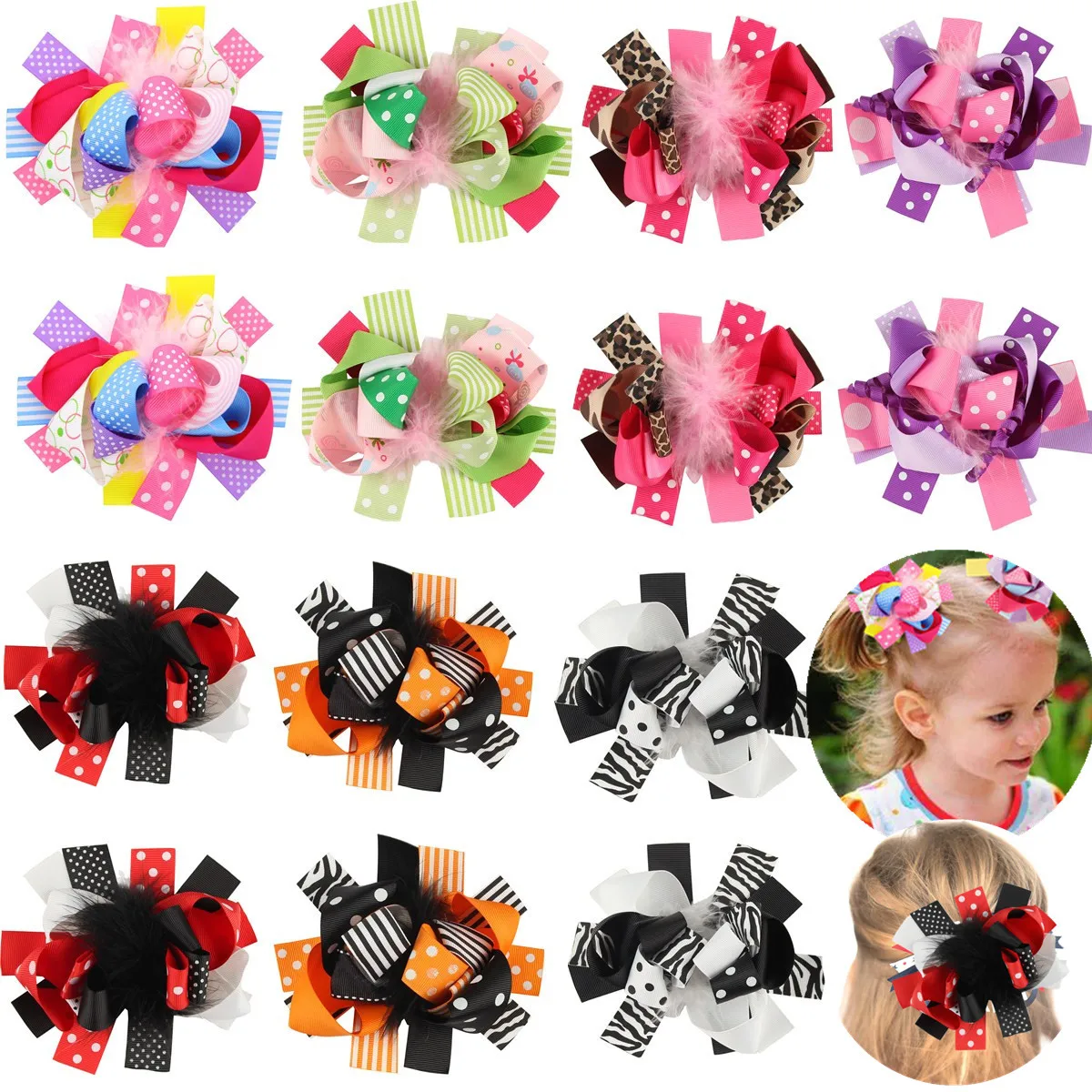 

14 Pcs 5 Inch Kids Girls Angel Fairy Feather Grosgrain Ribbon Big Huge Hair Bows Clips Hairpins For Party Lolita Costume
