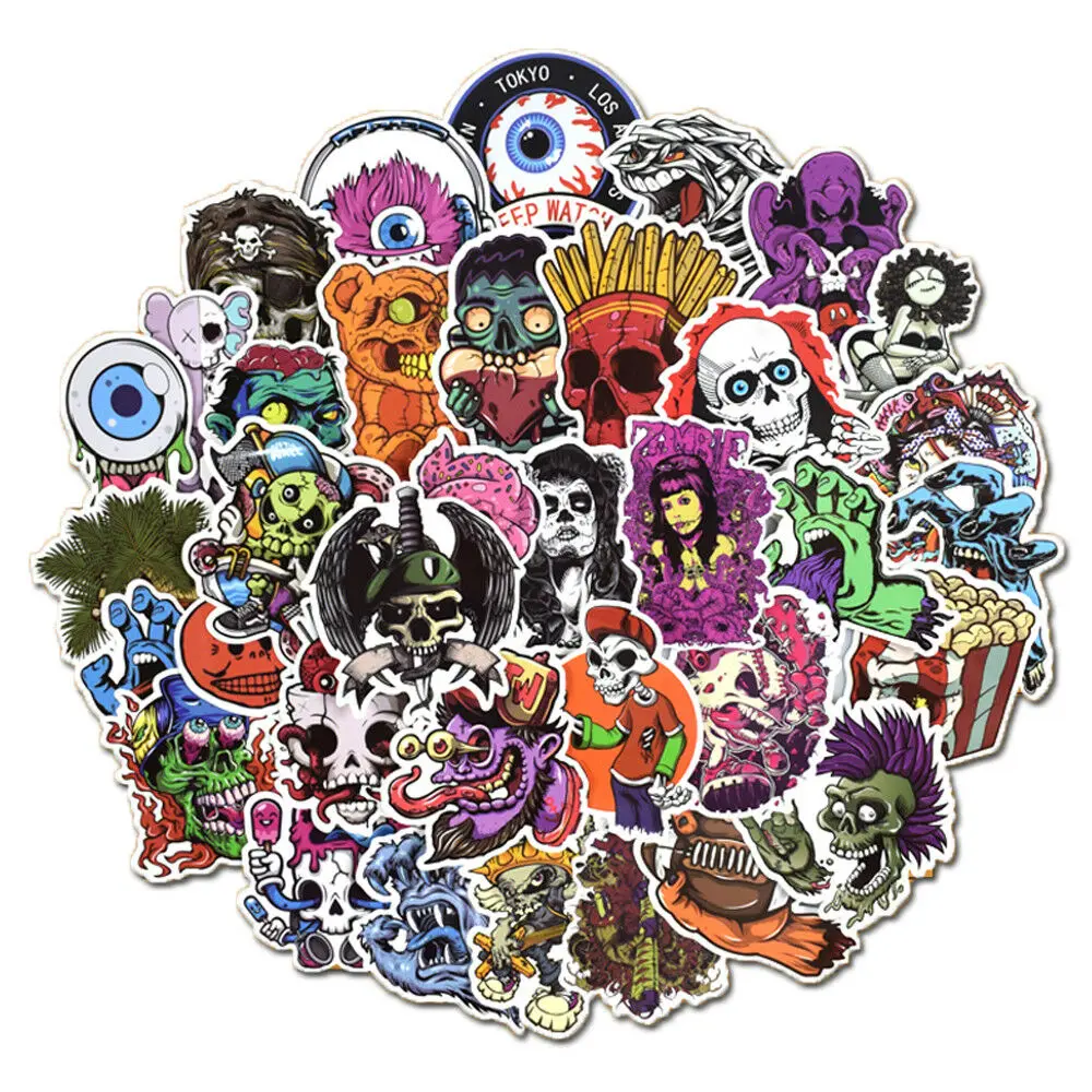 50 Pcs Vinyl Cool Horror Stickers Laptop Terror Sticker Pack for Car Bumper Luggage Water Bottle Helmet Phone Fridge Bike Decals 50pcs teacher stickers aesthetic teachers day vinyl waterproof stickers for water bottle laptop luggage helmet skateboard