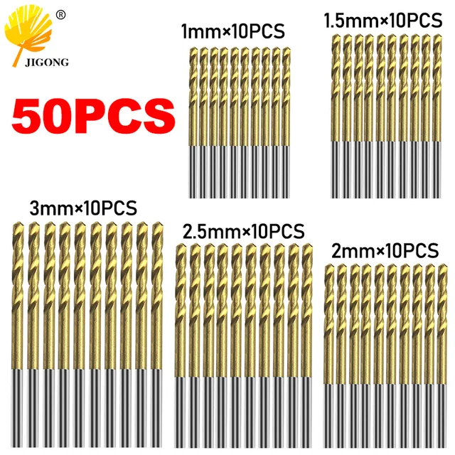 Hot Selling 50Pcs Titanium Coated Drill Bits HSS High Speed Steel Drill Bits Set Tool High Quality Power Tools 1/1.5/2/2.5/3mm