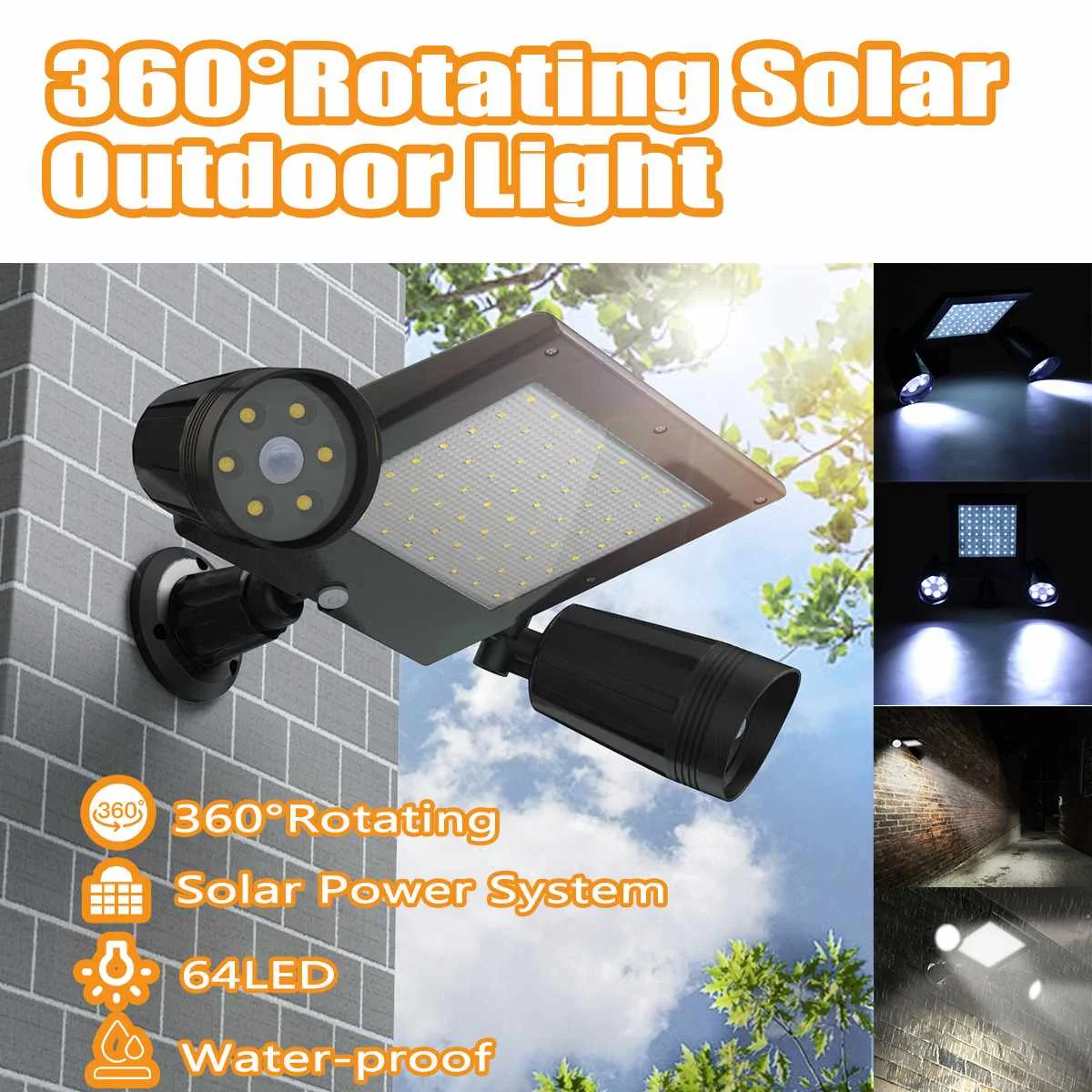 

64 LED Dual Head Solar Light Adjustable Angle Spotlight Waterproof Outdoors Solar Garden Light Super Bright Yard Flood LED Lamp