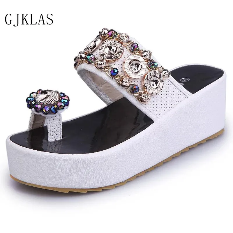 

Crystal Platform Flip Flops Kitten Heels Beach Woman Shoes Casual Summer Black White Sandals for Women Slides Platforms Slippers