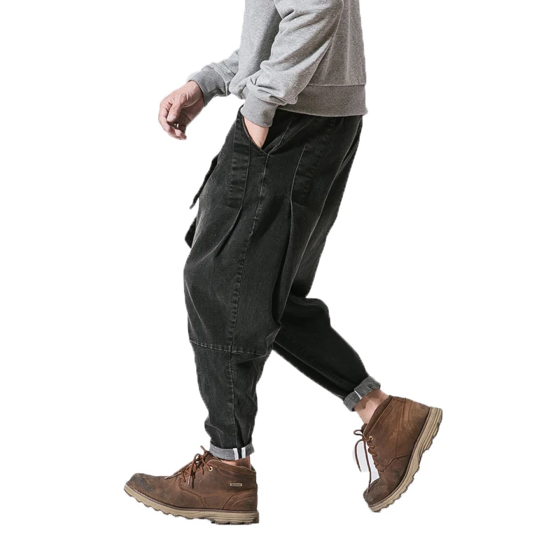 Chinese Style Harem Pants Men M-5XL Men Drop Denim Pants Mens Joggers Men retro washed loose waist jeans