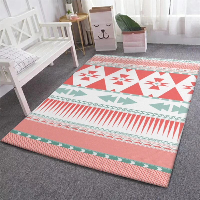 Carpets for Living Room Ethnic Style Pink Geometric Pattern Crystal Velvet Thickening Area Rug for Bedroom Polyester