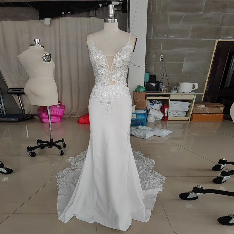 LORIE Boho Wedding Dresses V-Neck Appliques Lace Mermaid Wedding Gowns Spaghetti Straps Sexy Country Bridal Dresses Customized 4
