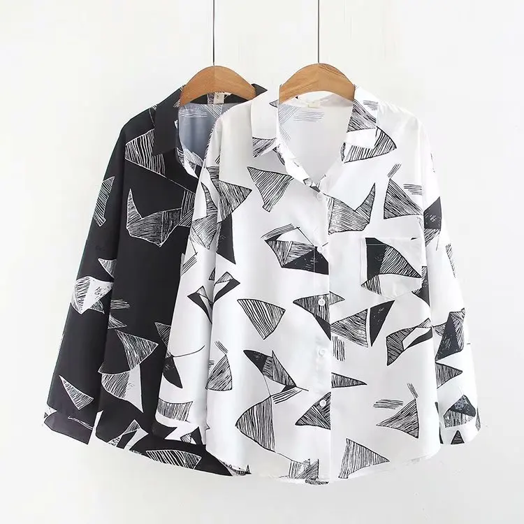 

Plus Size Casual Blouses 2019 Autumn Women Fashion Loose Long Sleeve Graffiti Shirts S5-9402