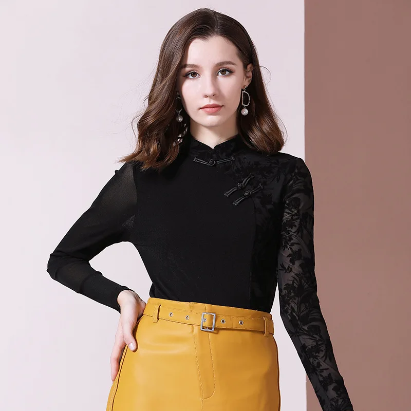 

Fashion Style Women Autumn Black Tops Tees Female Lace Tank Tops Ladies Embroidered Perspective Clothes High Quality