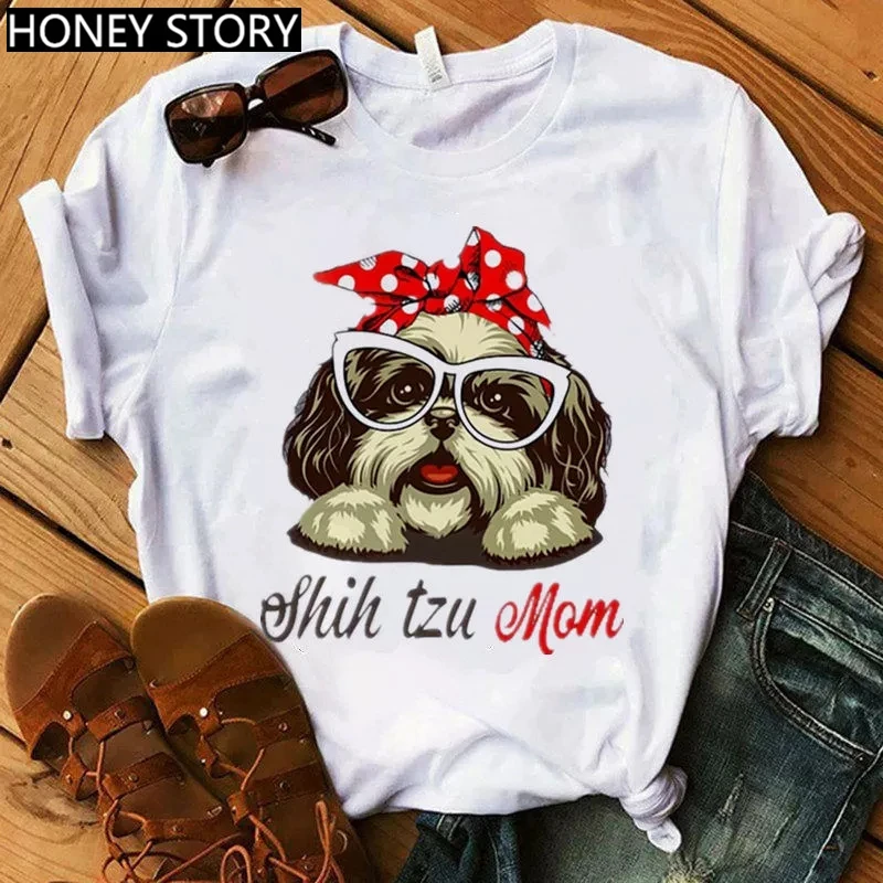 Camiseta con estampado de Shih Tzu Mom para mujer, Camiseta con estampado de Bandana Harajuku para mamá, ropa de dibujos animados divertida, prendas de cuello redondo, camisetas de manga corta