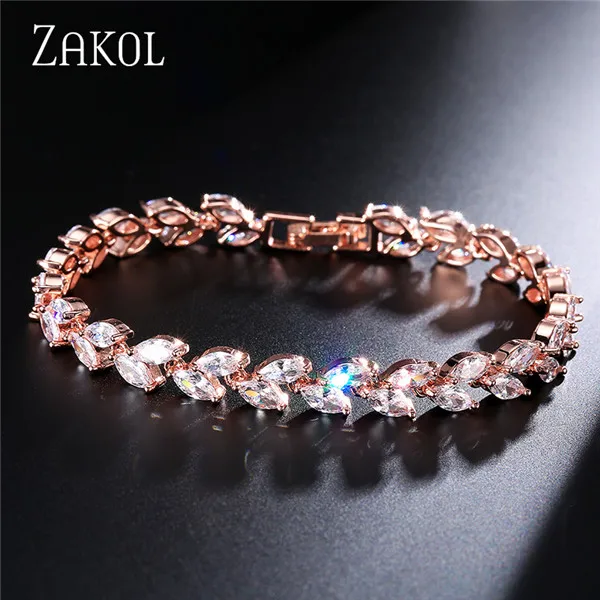Rose Gold Color ZAKOL модные ювелирные изделия невесты белого цвета в виде листа, очаровательный браслет с кубическим цирконием и браслеты с прозрачными CZ кристаллами, браслеты для женщин FSBP061 - Окраска металла: Rose Gold Color