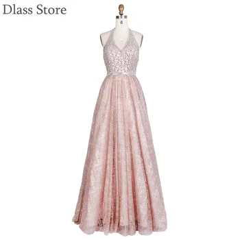 

Pink Sequins Evening Dresses Beading Halter Sexy Backless Sweep Train Prom Dresses Sleeveless suknie wieczorowe فساتين السهرة