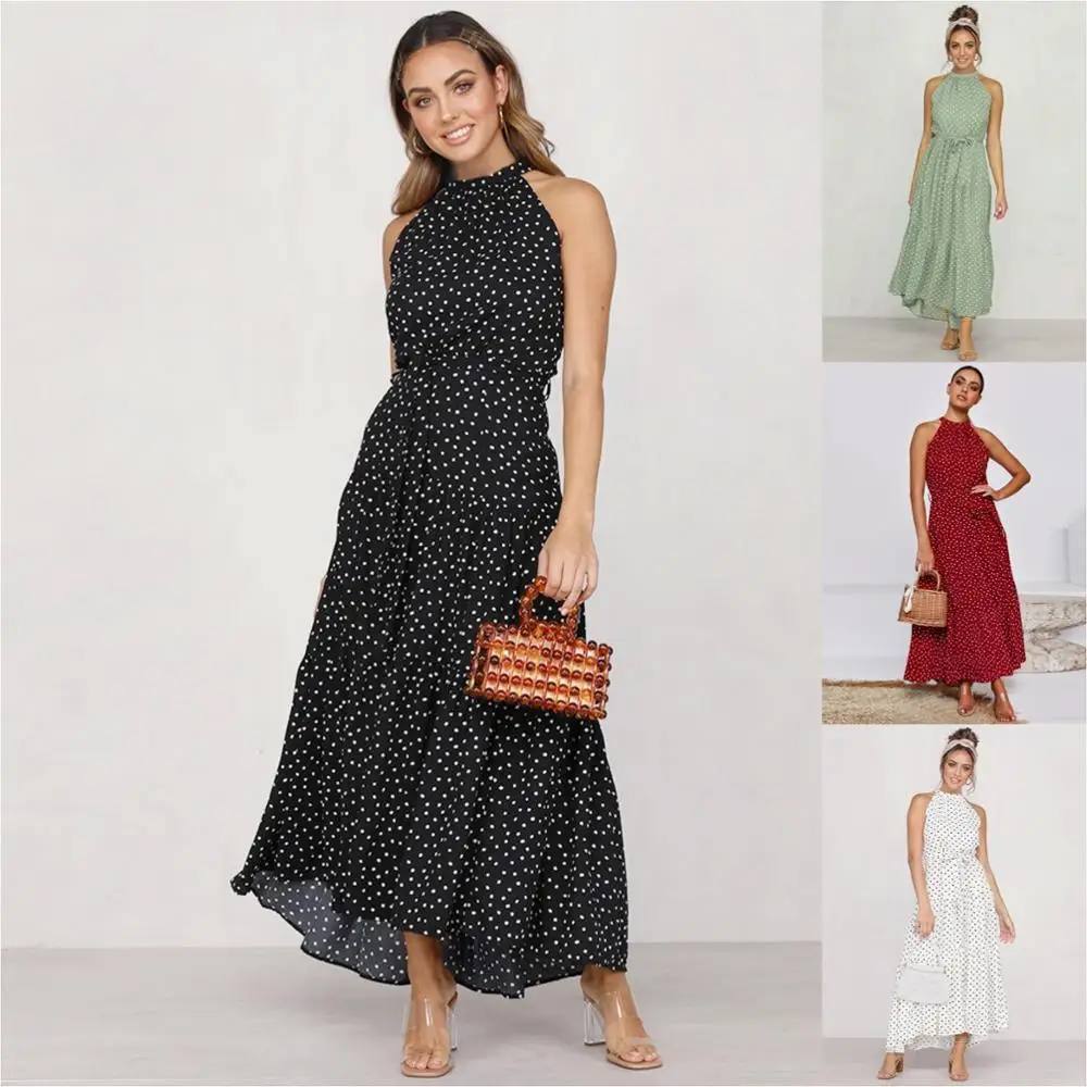 

Summer Fashion clothing for women Sleeveless Polka dot Fitted Chiffon Maxi dress boho for women elegant Casual Beach dress