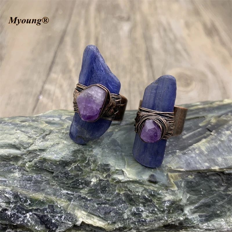 

10PCS Bronze Amethysts Druzy Paved Wiring Natural Blue Kyanite Vintage Rings,Boho Healing Stone Open Ring MY210723