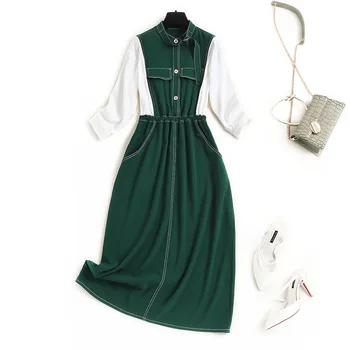 

Office Lady Newest Womens Designer Dresses Patchwork Three Quarter Sleeve Stand Neck Mid-Calf Elegant Dresses for Women