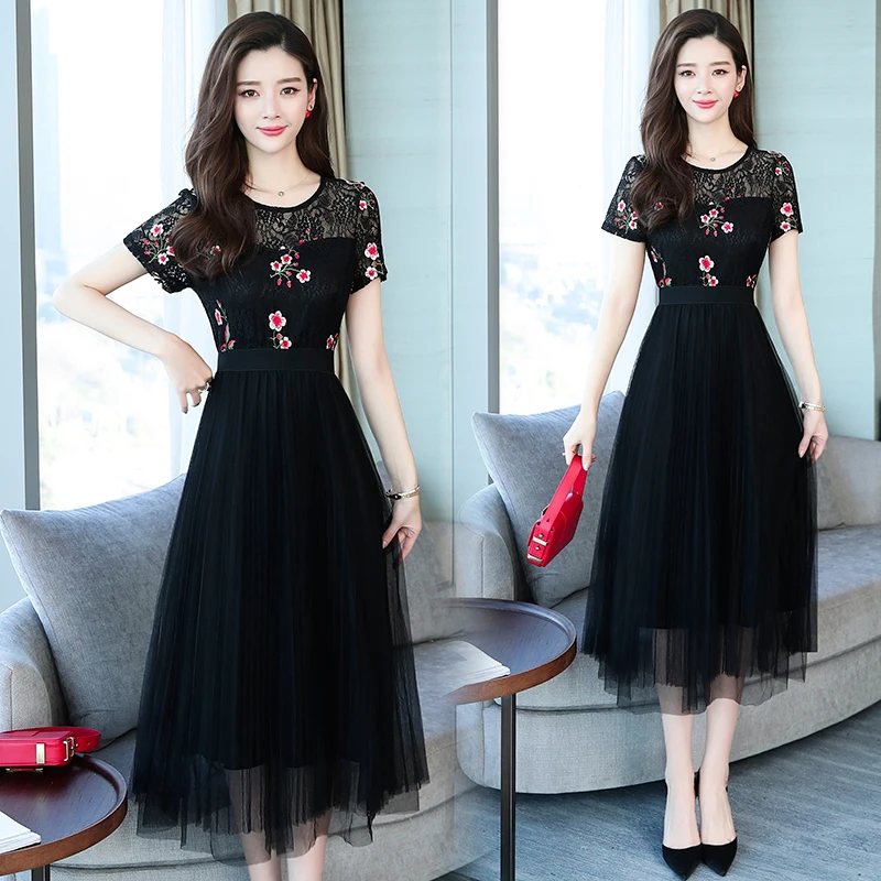 

2020 Lace Embroidery Midi Dresses Summer 4XL Plus Size Mesh Patchwork Short Sleeve Dress Elegant Women Bodycon Party Vestidos