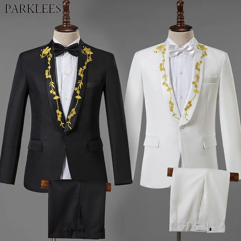 Blanco Y Negro Trajes De Boda Para Hombre Bordado Dorado Elegante Esmoquin Hombres Traje De Baile Traje Trajes De Hombre Con Pantalon Hombre Trajes Aliexpress