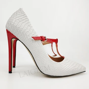 

LAIGZEM White Crocodile Women Heels Buckle Straps Stiletto High Heels Shoes Women Scarpe Donna Tacones Large Size 34 43 44 46 47