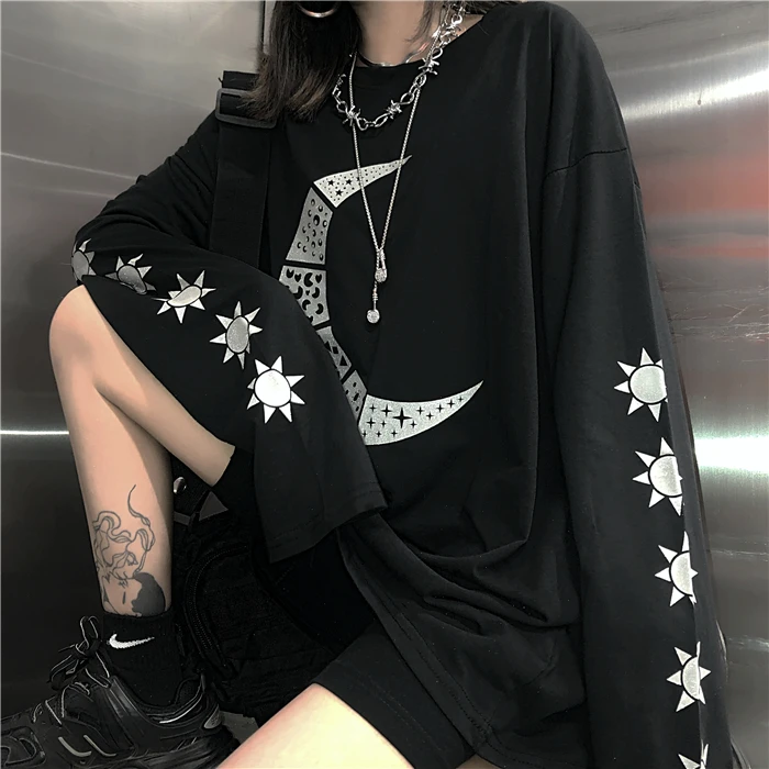 Новая мода Женская футболка Harajuku ретро Солнце Луна Печатный О-образным вырезом свободный топ тройники уличная темно готические футболки унисекс
