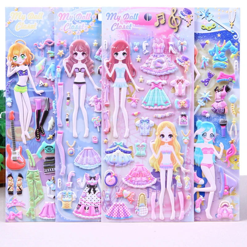 3D Puffy Sparkling Princess Adesivos para Meninas, Kawaii Cartoon, Bonecas  de Vestir, Brinquedo para Crianças, Laptop