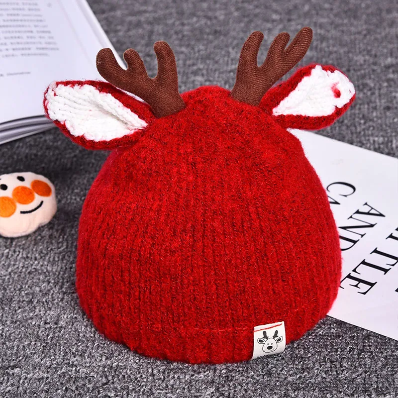 Детская шапка с рогами; коллекция года; Рождественская Детская шапка для мальчиков и девочек с милыми ушками; вязаная шапка с черепом; однотонная хлопковая подкладка; плотная шапка для малышей - Цвет: Red