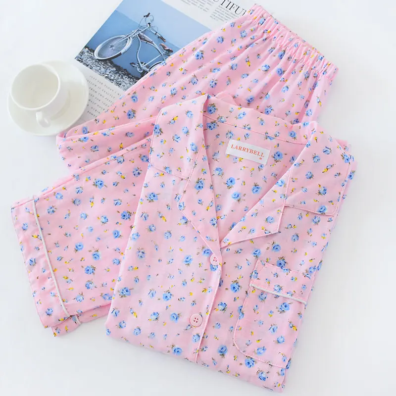 cute pajama sets Korea Fresh Flowers Pajama Sets Women 100% Gauze Cotton Long Sleeve Casual Sleepwear Pyjamas Femme Spring Pijama Mujer 2021 New cute pj sets
