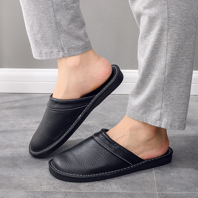 

Fashion Black Male's Slippers Men Leather Home Shoes Mans Autumn Winter Bedroom Slippers Couple Indoor Women Slides Plus Size