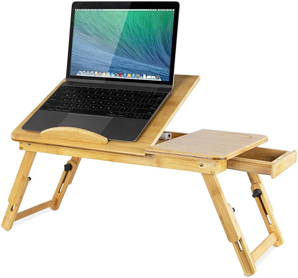 Регулируемый бамбуковый Настольный держатель для ноутбука, поднос для завтрака с выдвижным ящиком, портативный поднос для сервировки кровати, поднос для стола с двумя цветами для работы с едой