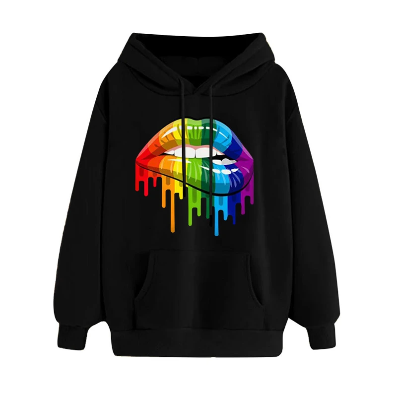 Casual Loose Lip Print Rainbow Women Hoodies 2020 Pullover Sweatshirt Autumn Winter Female Streetwe