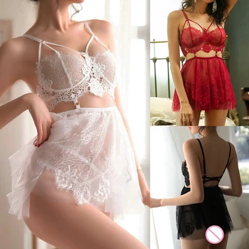 

Sexy Mousse Backless Women Sleep Wear Night Gowns With Thong Sets V-neck Lace Sexy Young Girls Stripe Design Black White Red New