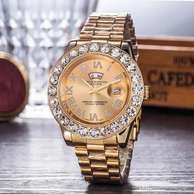 President Day Date Gold Perpetual Luxury mens watch Big diamond Bezel Gold Stainless steel original strap Automatic men Watches