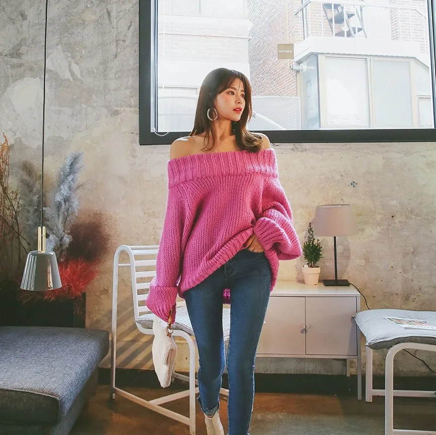 Fashion Slash-neck Full Sleeve Knitted Sweater Women Cold Shoulder Elastic Pullovers Femme 2019 Sexy Off-shoulder Jumper | Женская
