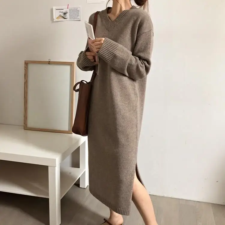 

Women Solid Long Sleeve Sweater Knitted Dress Warm V Neck Split Midi Loose Dress Straight Plus Size Casual Dresses