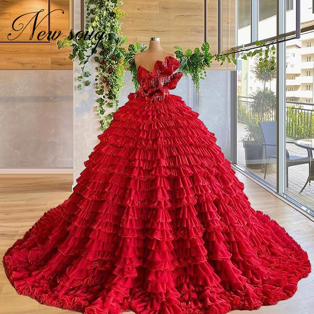 Red Tiered Tulle Prom Dresses Ball Gown ...