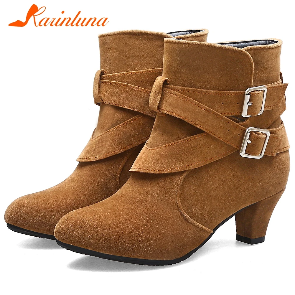 

KARINLUNA New Arrival Autumn Big Size 33-43 Elegant Buckle Booties Ladies Elegant Flock Ankle Boots Women Med Heels Shoes Woman