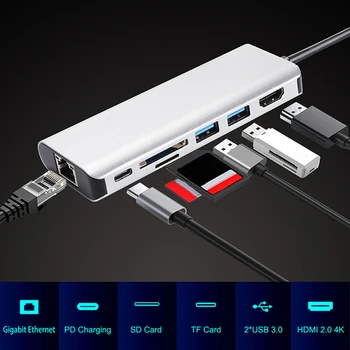 

7 in 1 Multi-functionable Type-C Hub 4K HD HDTV Adapter SD TF Card with PD3.0 Charger for Laptop