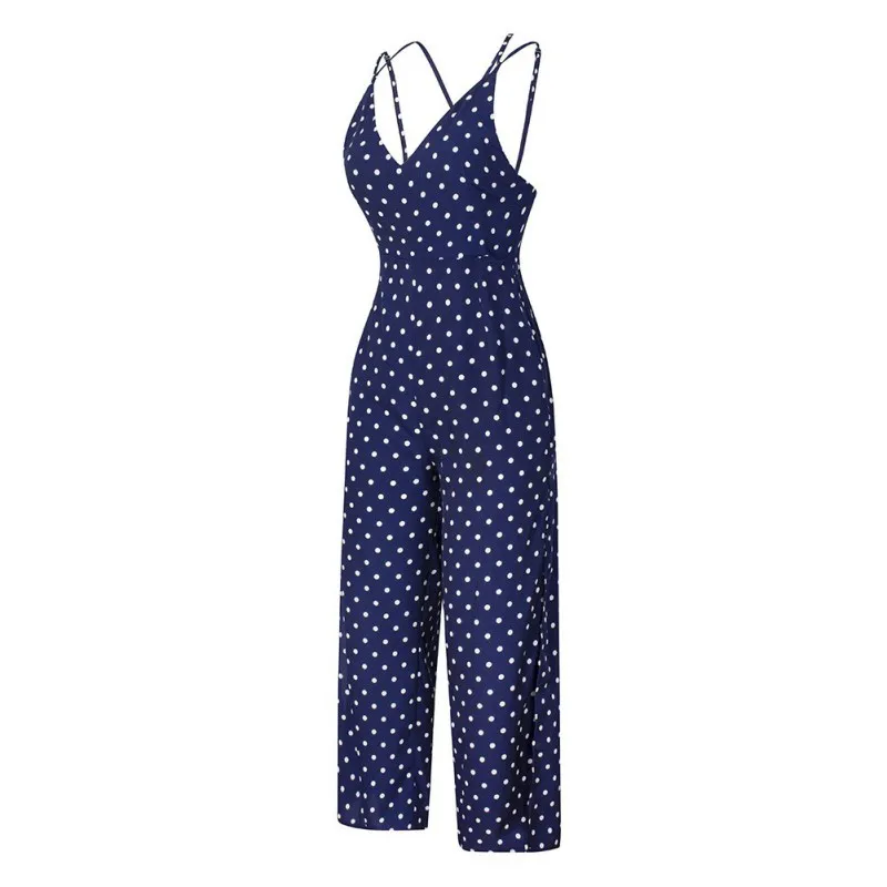 Женские комбинезоны, летние Широкие штаны, элегантные женские комбинезоны с ремешком, в горошек, сексуальный v-образный вырез, боковой Сплит-комбинезон, Комбинезоны для женщин s