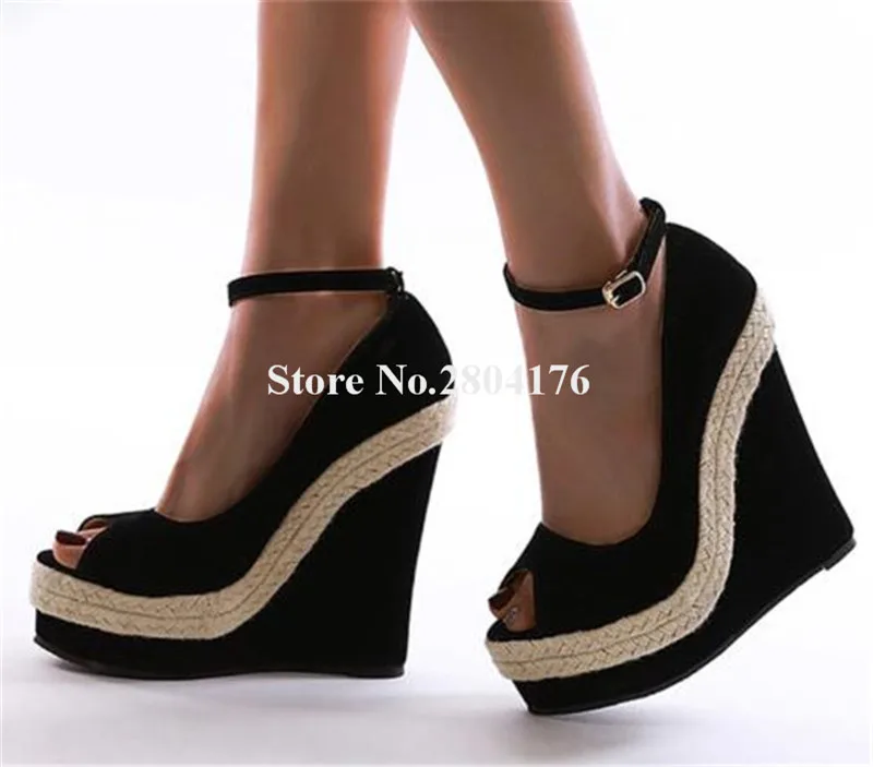 

Women Fashion Peep Toe Suede Leather High Platform Wedge Sandals Black Beige Patchwork Wedges Summer Height Increased Shoes