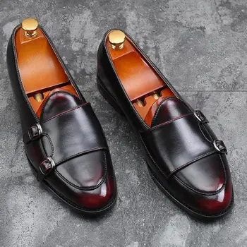

37~48 Large Size Men Double Monk Strap Shoes Slip On Dress Loafers Mens Flat Loafer Pointed Toe Formal Wedding Leather Shoes
