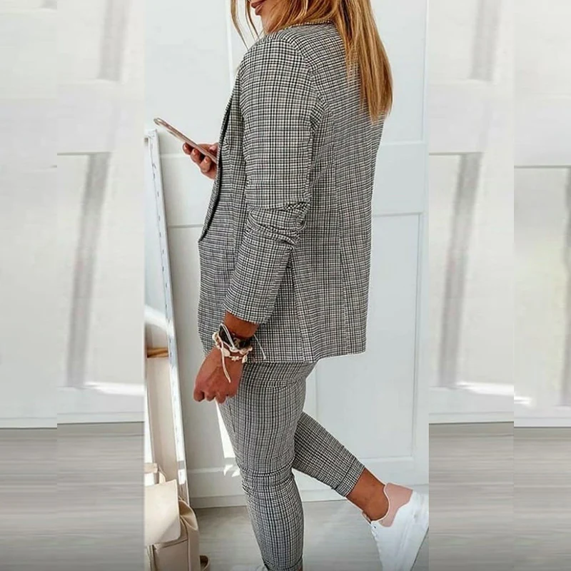 2021 New Spring and Autumn Fashion 2 Piece Set Pink Plaid Formal Pant Suits Blazer Office Lady Designs Women Jacket and Trousers 5