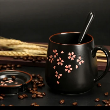 

1Set Ceramic Mug(Mug+Lid+Spoon) Exquisite Sakura Mugs 380Ml Coffee Milk Mug Large Capacity Cup