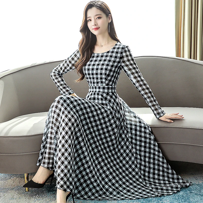 

2179# 2019 Autumn Plus Size New Women Fashion Long Sleeve O-neck Chiffon Plaid Maxi Dress Casual Dress Female Vestidos