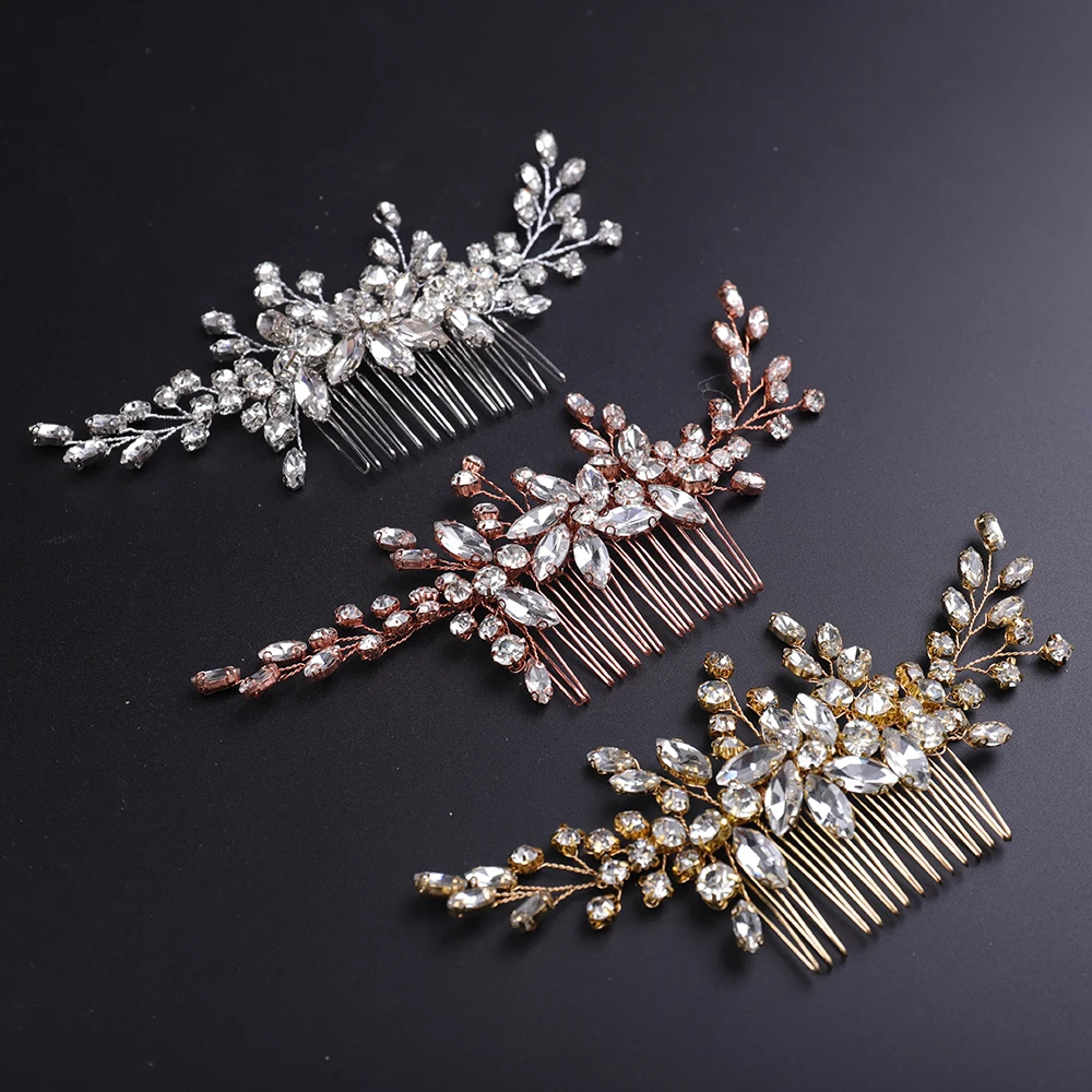 Silver Rhinestone Hair Comb Luxury Women Headpieces Tiara Wedding Hair Ornaments Flower Jewelry Bridal Headwear Clip