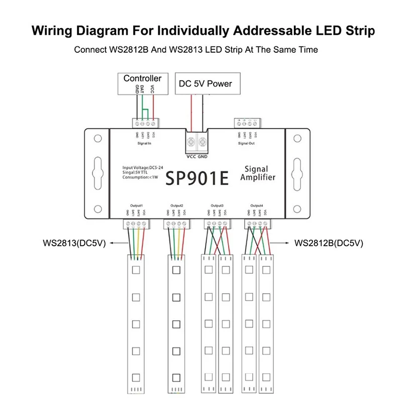 SP901E SPI усилитель сигнала TTL светодиодный контроллер для WS2812B WS2811 RGB адресуемый