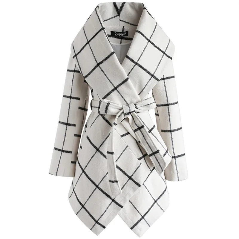 Winter Lapel Neck Womens Coats Fashion Cardigan Wool Coats with Sashes Casual Ladies Plaid Printed Outerwear
