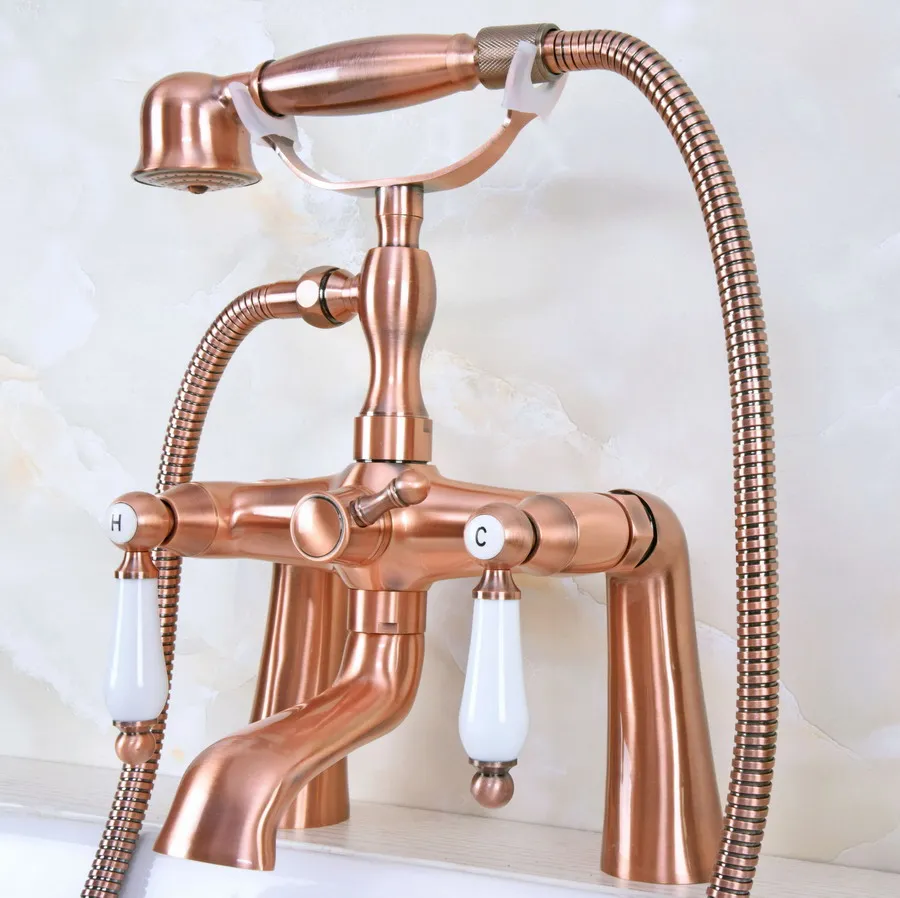 

Deck Mounted Bath Tub Faucet Antique Red Copper Bathtub Faucets with Hand Shower Dual Handle Mixer Tap zna173