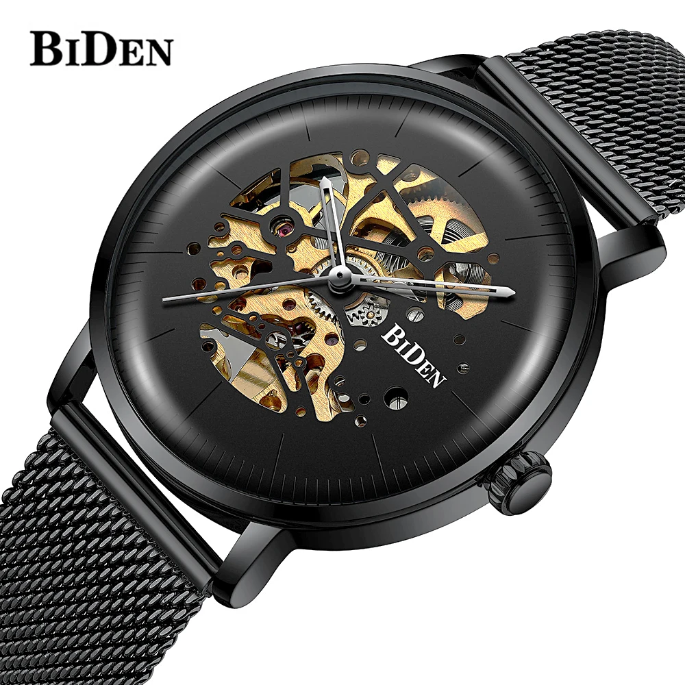 

BIDEN Brand Mens Automatic Mechanical Watch Fashion Black Waterproof Ultra-thin Band Business Watch