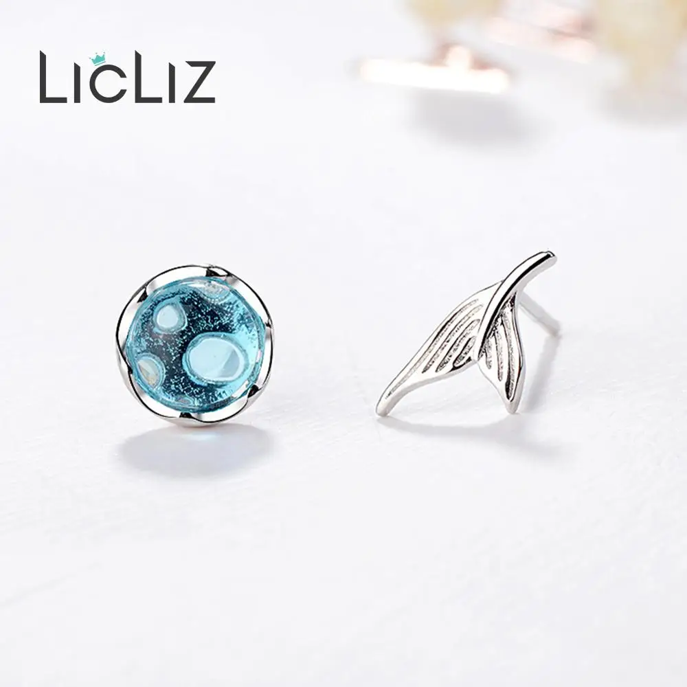LicLiz, новинка, 925 пробы, серебряные серьги-гвоздики с хвостом русалки для женщин, синий кристалл, пузырьковый крест, ювелирные изделия для свиданий, Brincos LE0594