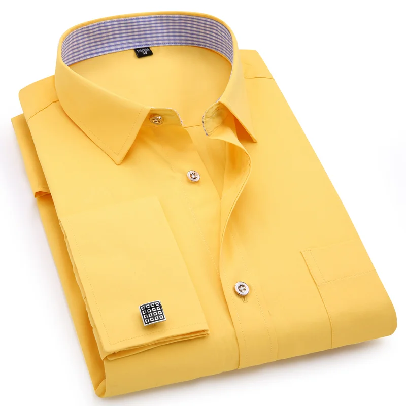 Французская запонка, мужская рубашка с длинными рукавами, приталенная, мужская, деловая, повседневные запонки, свадебная, торжественная рубашка высокого качества